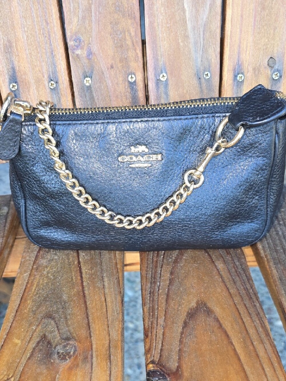 Coach Black Leather Mini Wristlet with Gold Chain - Picture 8 of 13